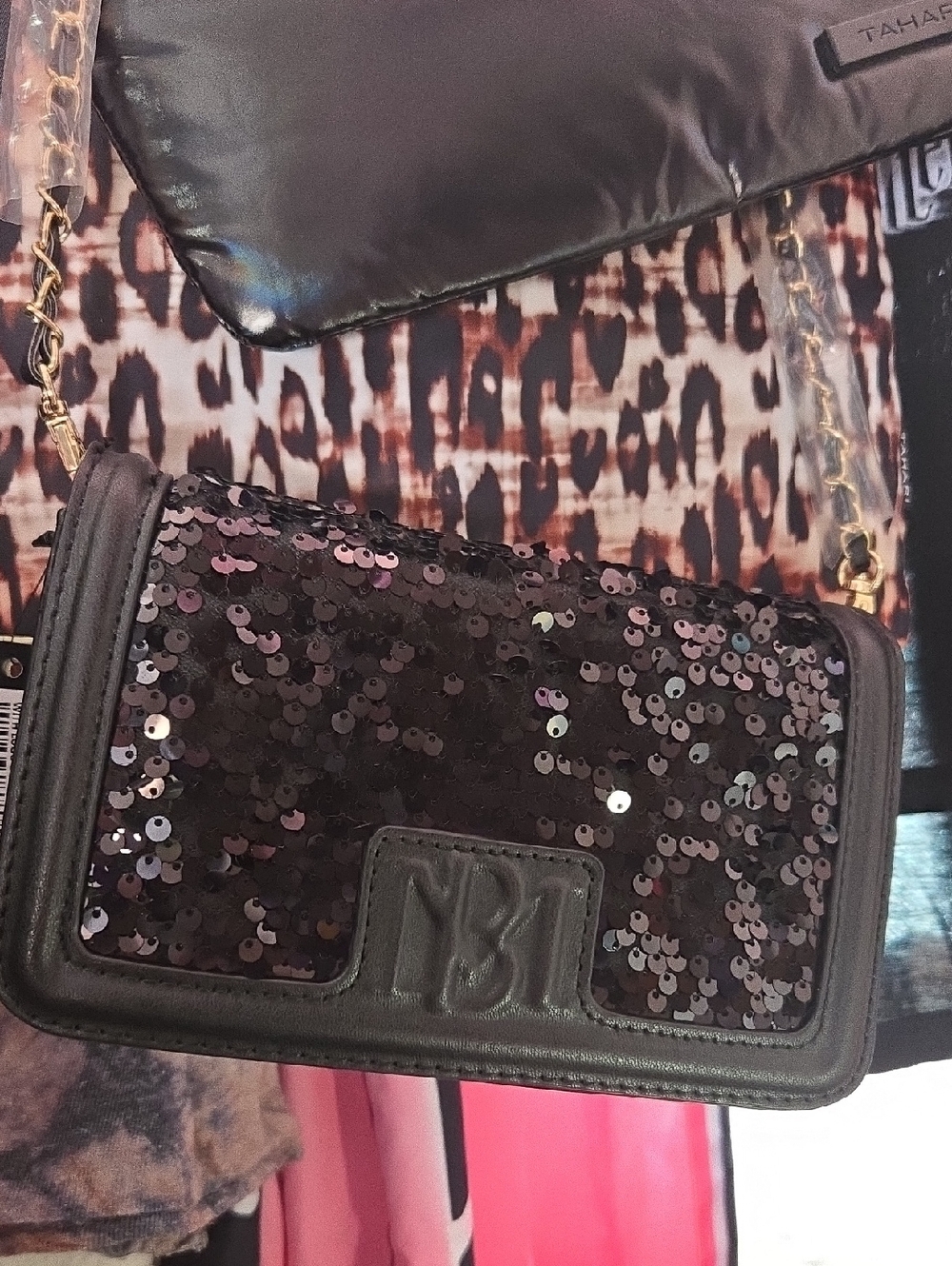Badgley Mischka Black Sequin Crossbody with Gold Chain